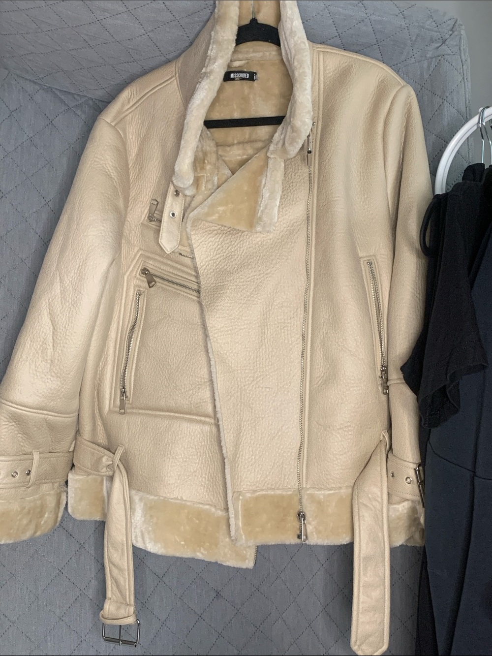 #181 Missguided Cream Faux Shearling Biker Jacket